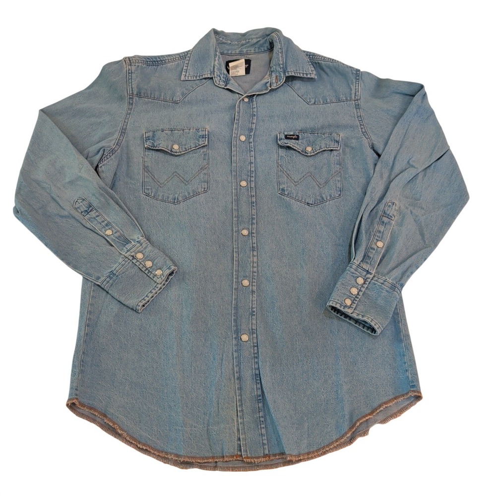 Wrangler Denim Pearl Snap Shirt Mens Medium Stonewash 100% Cotton Western